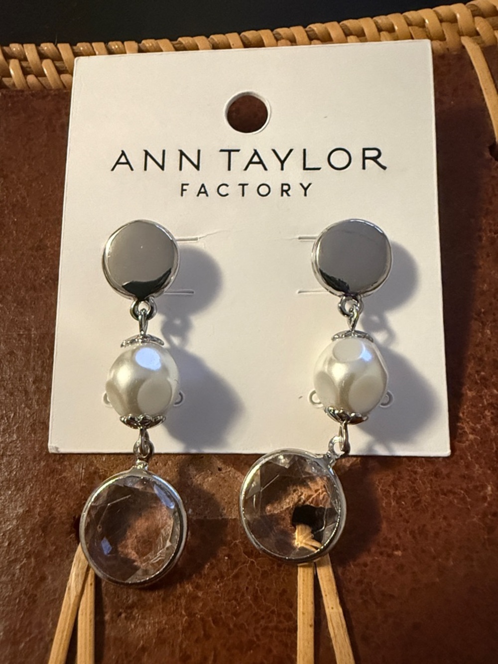 Ann Taylor Factory Silver-Tone Drop Earrings with White Pearls & Clear Crystals